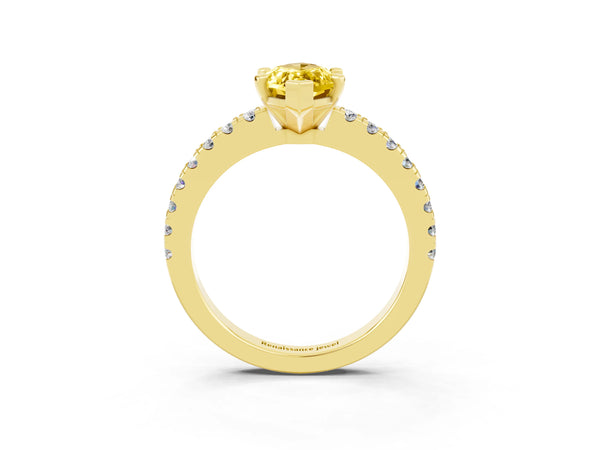 Yellow gold Marquise Cut Solitaire Yellow Sapphire with Pavé Band and Four-Prong Setting
