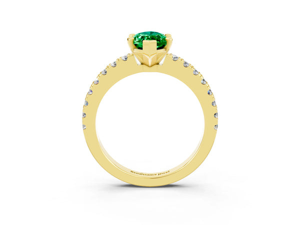 Yellow gold Marquise Cut Solitaire Emerald with Pavé Band and Four-Prong Setting