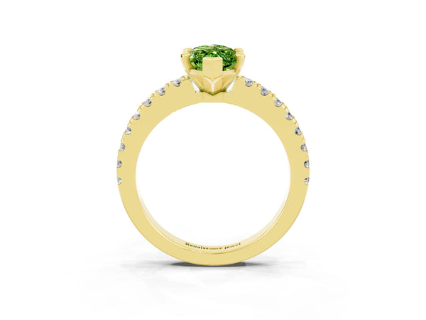 Yellow gold Marquise Cut Solitaire Peridot with Pavé Band and Four-Prong Setting