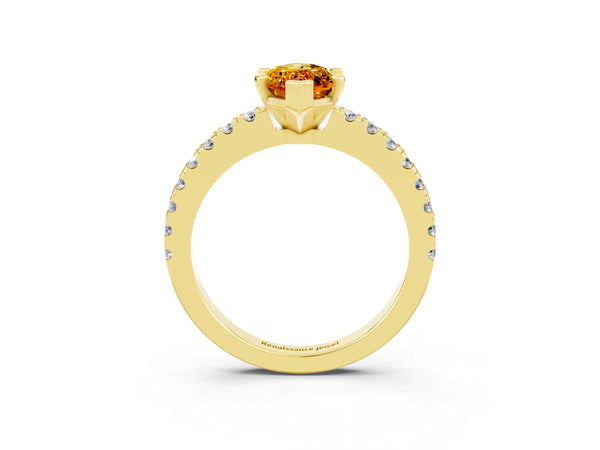 Yellow gold Marquise Cut Solitaire Citrine with Pavé Band and Four-Prong Setting