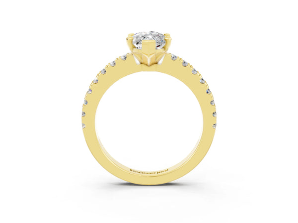 Yellow gold Marquise Cut Solitaire Moissanite with Pavé Band and Four-Prong Setting