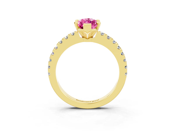 Yellow gold Marquise Cut Solitaire Pink Sapphire with Pavé Band and Four-Prong Setting