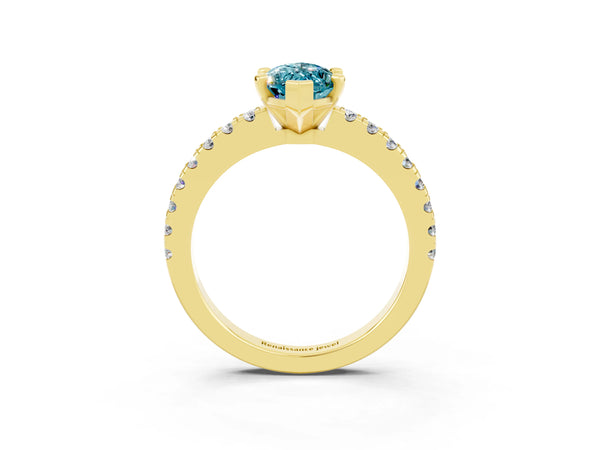 Yellow gold Marquise Cut Solitaire Diamond with Pavé Band and Four-Prong Setting
