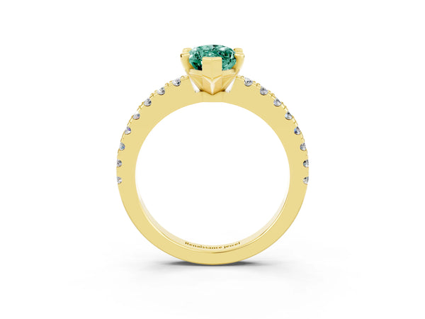 Yellow gold Marquise Cut Solitaire Green Sapphire with Pavé Band and Four-Prong Setting