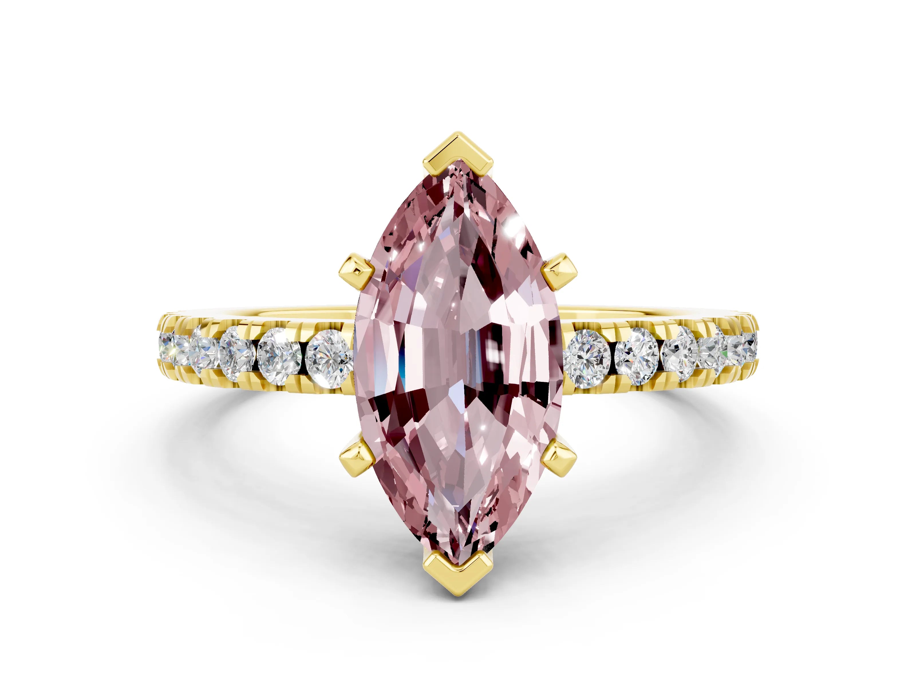 Yellow gold Marquise Cut Solitaire Diamond with Pavé Band and Four-Prong Setting