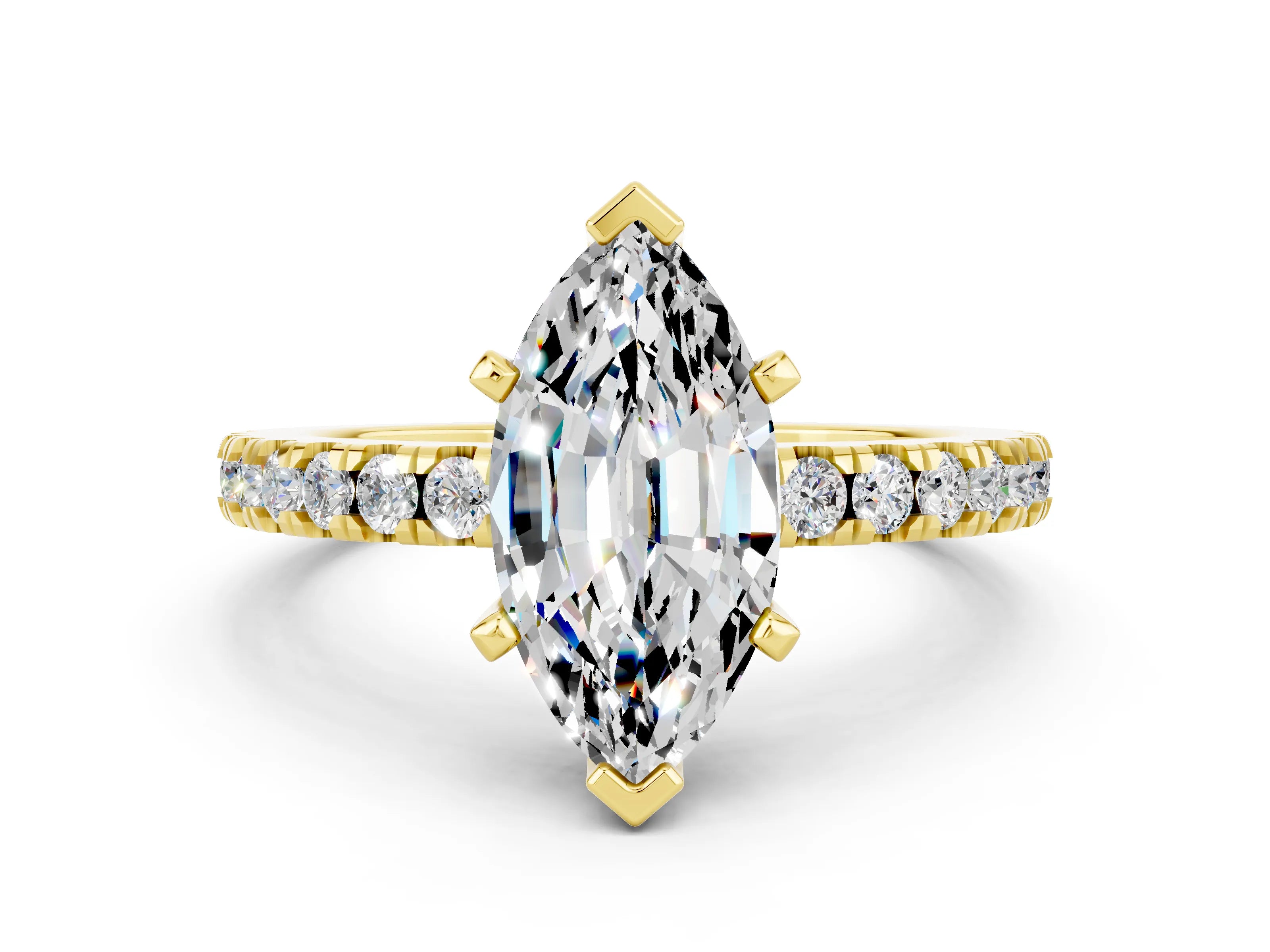 Yellow gold Marquise Cut Solitaire Diamond with Pavé Band and Four-Prong Setting