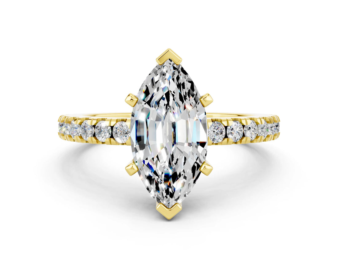 Yellow gold Marquise Cut Solitaire Diamond with Pavé Band and Four-Prong Setting