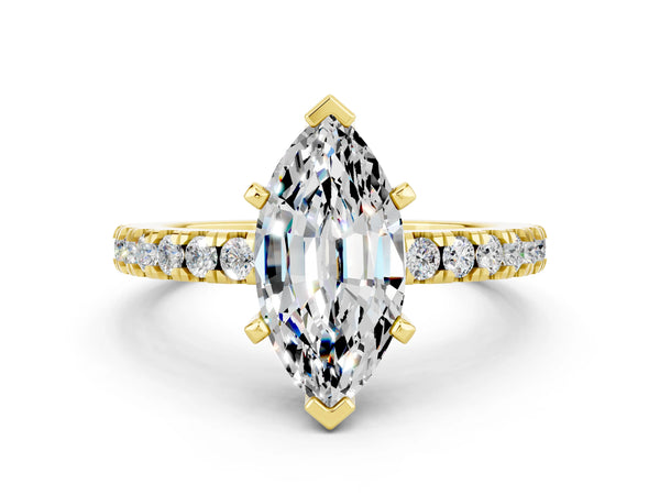 Yellow gold Marquise Cut Solitaire Moissanite with Pavé Band and Four-Prong Setting