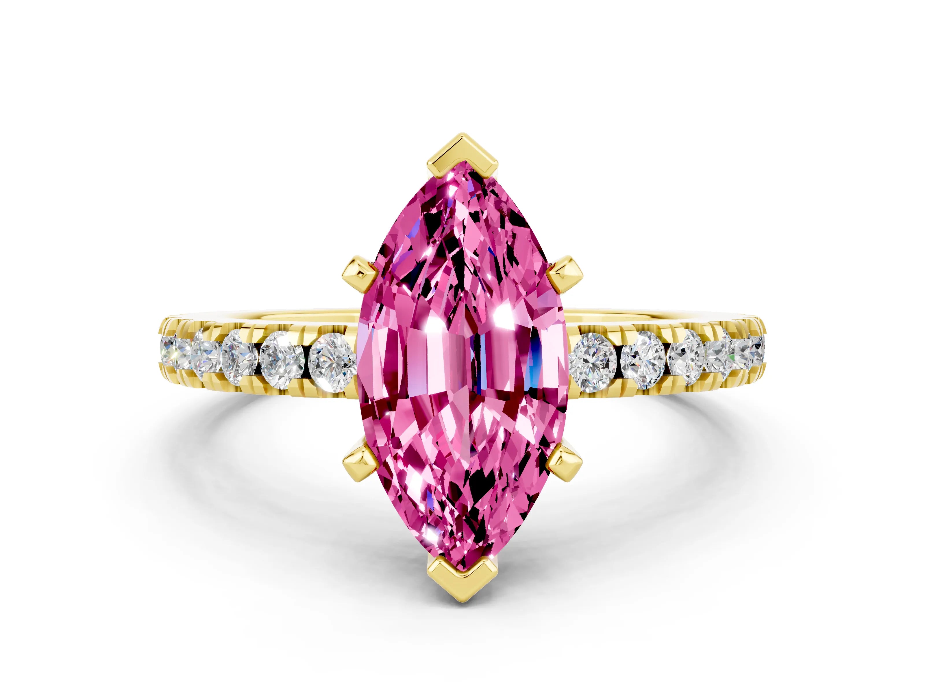 Yellow gold Marquise Cut Solitaire Diamond with Pavé Band and Four-Prong Setting