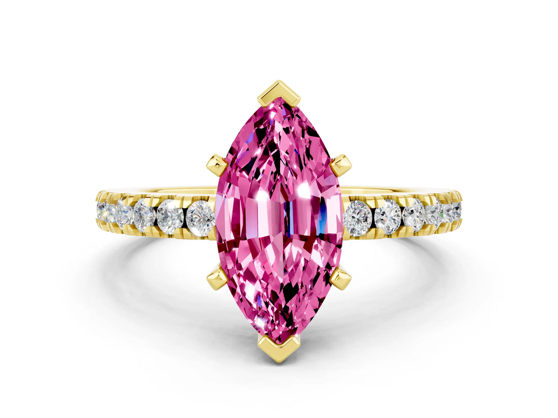 Yellow gold Marquise Cut Solitaire Diamond with Pavé Band and Four-Prong Setting
