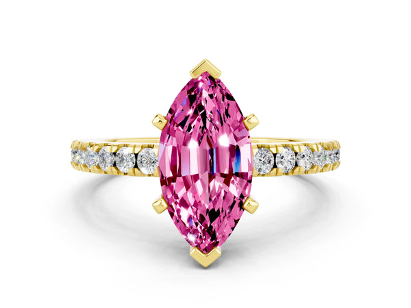 Yellow gold Marquise Cut Solitaire Pink Sapphire with Pavé Band and Four-Prong Setting
