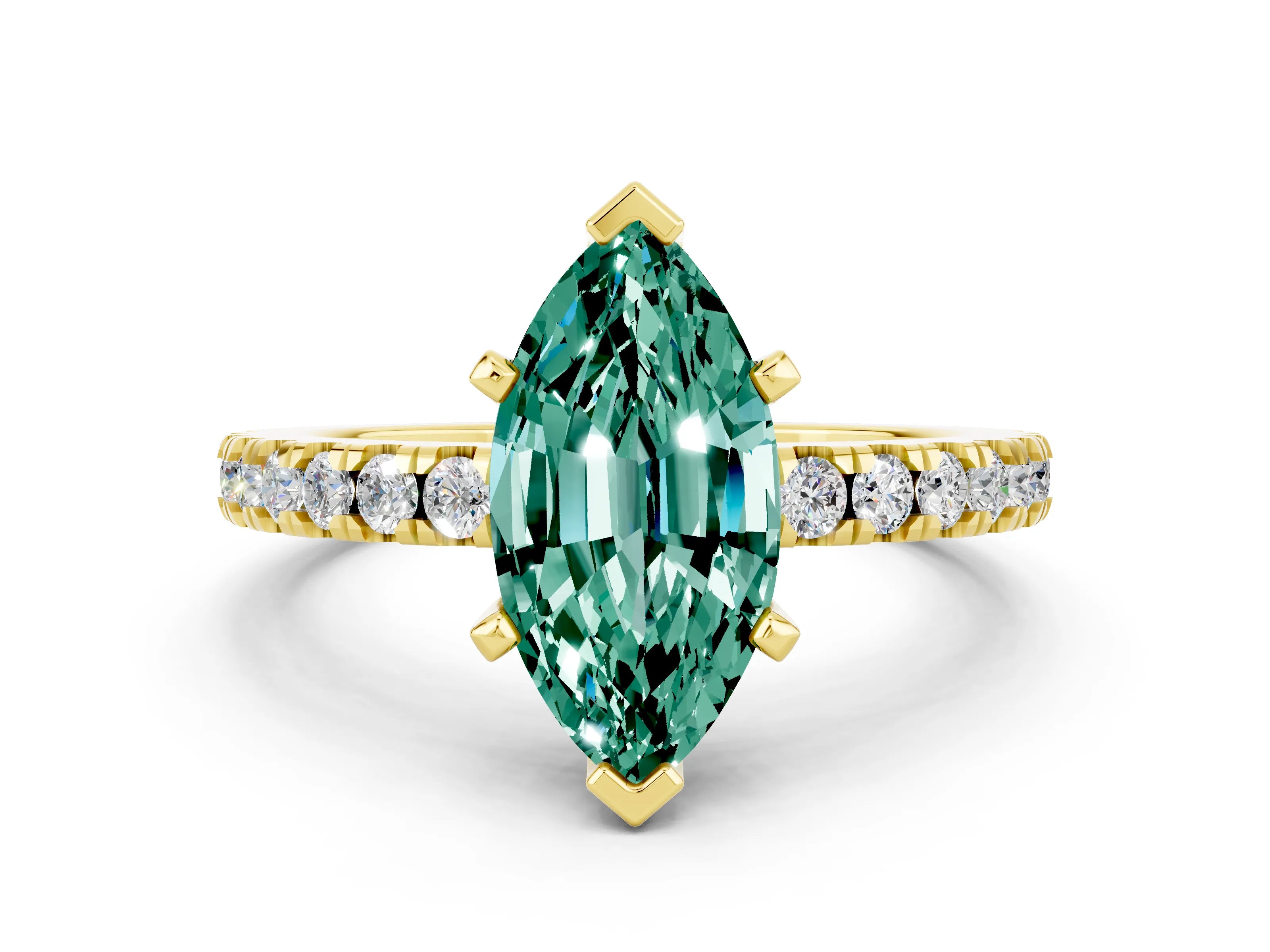 Yellow gold Marquise Cut Solitaire Diamond with Pavé Band and Four-Prong Setting