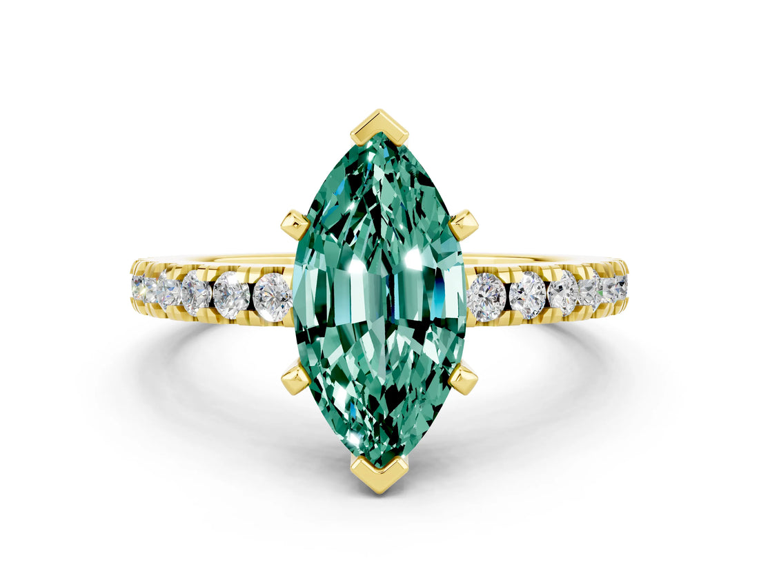 Yellow gold Marquise Cut Solitaire Diamond with Pavé Band and Four-Prong Setting