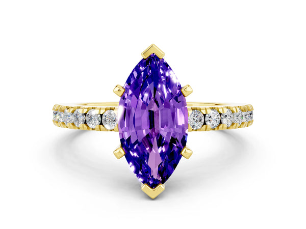 Yellow gold Marquise Cut Solitaire Tanzanite with Pavé Band and Four-Prong Setting