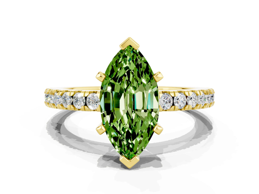 Yellow gold Marquise Cut Solitaire Diamond with Pavé Band and Four-Prong Setting