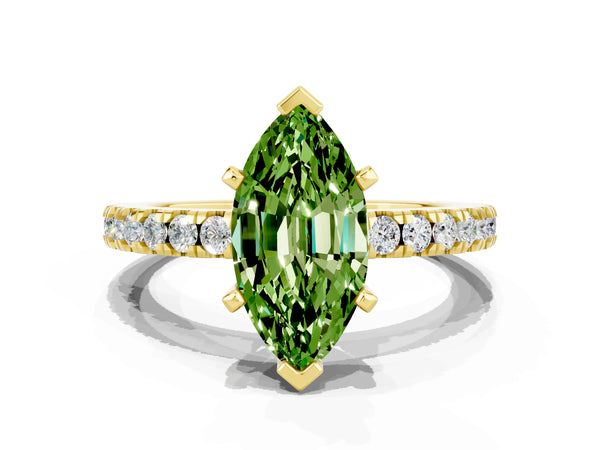 Yellow gold Marquise Cut Solitaire Peridot with Pavé Band and Four-Prong Setting