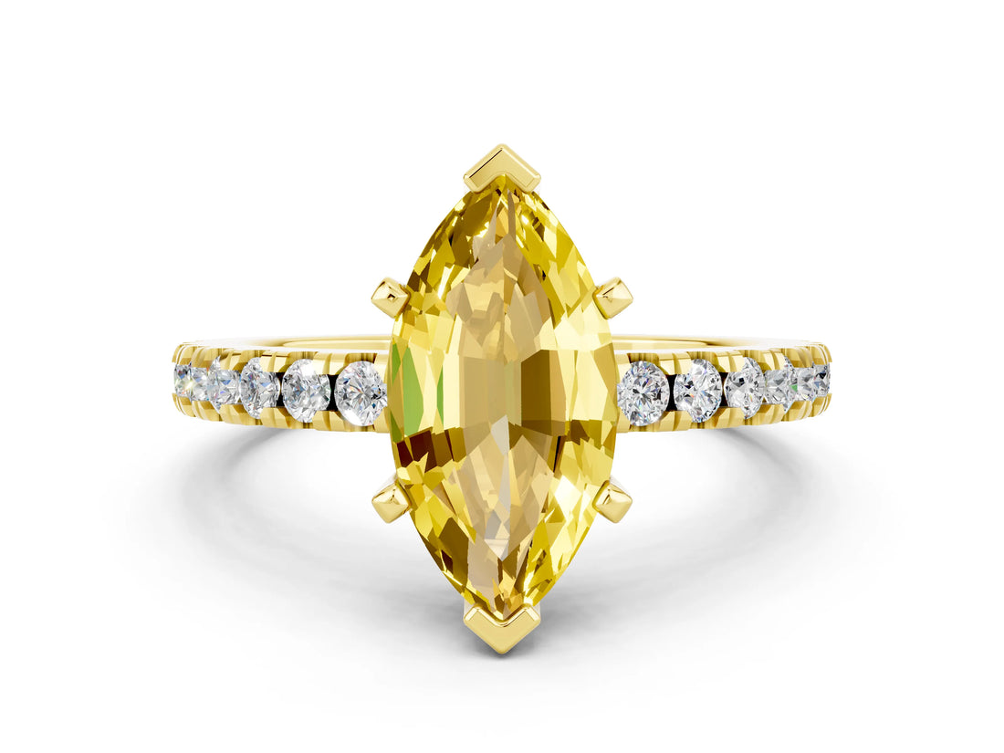 Yellow gold Marquise Cut Solitaire Diamond with Pavé Band and Four-Prong Setting