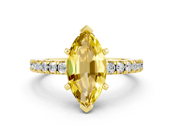 Yellow gold Marquise Cut Solitaire Yellow Sapphire with Pavé Band and Four-Prong Setting