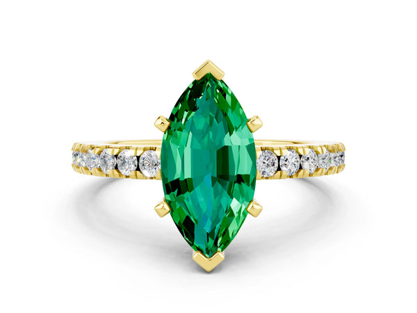 Yellow gold Marquise Cut Solitaire Emerald with Pavé Band and Four-Prong Setting