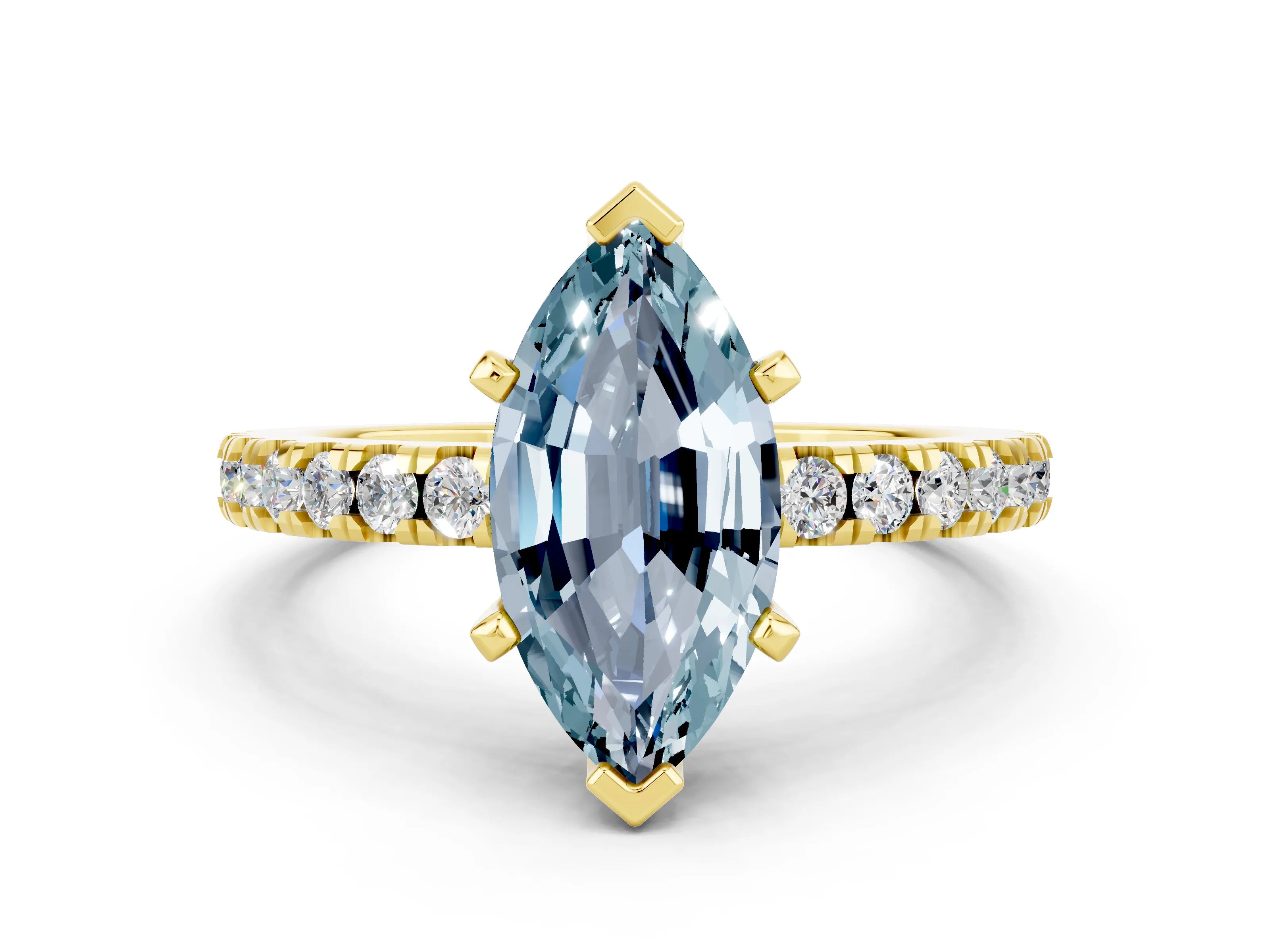Yellow gold Marquise Cut Solitaire Diamond with Pavé Band and Four-Prong Setting