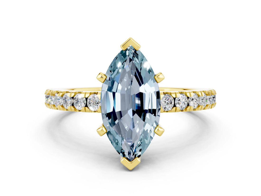 Yellow gold Marquise Cut Solitaire Diamond with Pavé Band and Four-Prong Setting