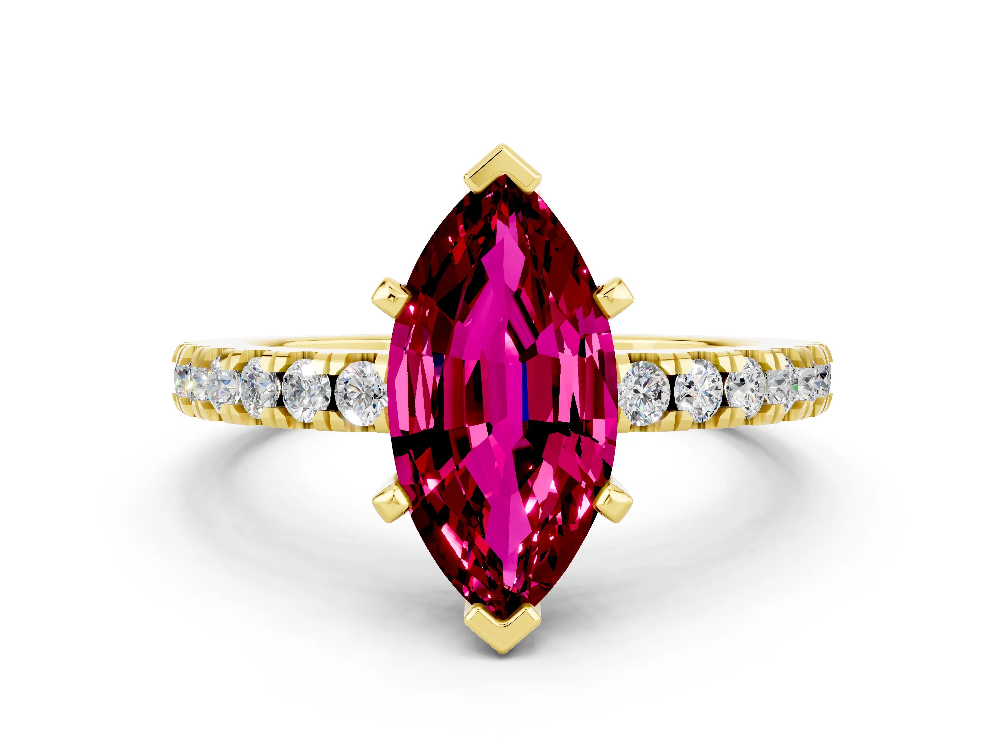 Yellow gold Marquise Cut Solitaire Diamond with Pavé Band and Four-Prong Setting
