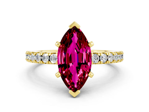 Yellow gold Marquise Cut Solitaire Diamond with Pavé Band and Four-Prong Setting