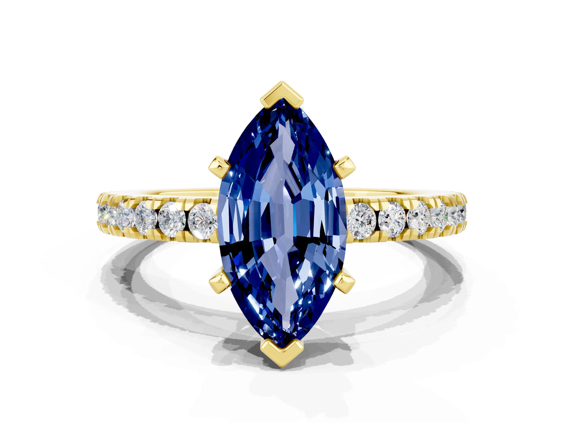 Yellow gold Marquise Cut Solitaire Diamond with Pavé Band and Four-Prong Setting