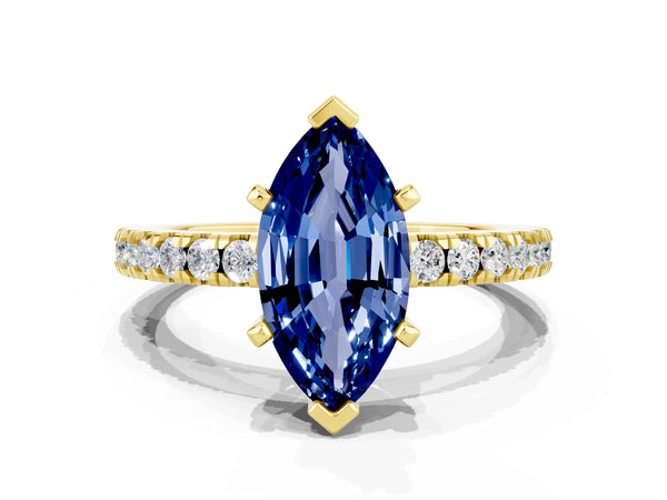 Yellow gold Marquise Cut Solitaire Blue Sapphire with Pavé Band and Four-Prong Setting