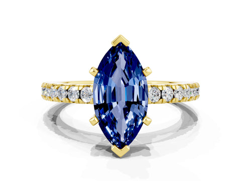 Yellow gold Marquise Cut Solitaire Diamond with Pavé Band and Four-Prong Setting