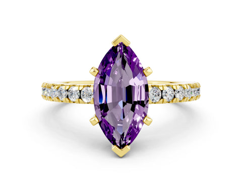 Yellow gold Marquise Cut Solitaire Diamond with Pavé Band and Four-Prong Setting