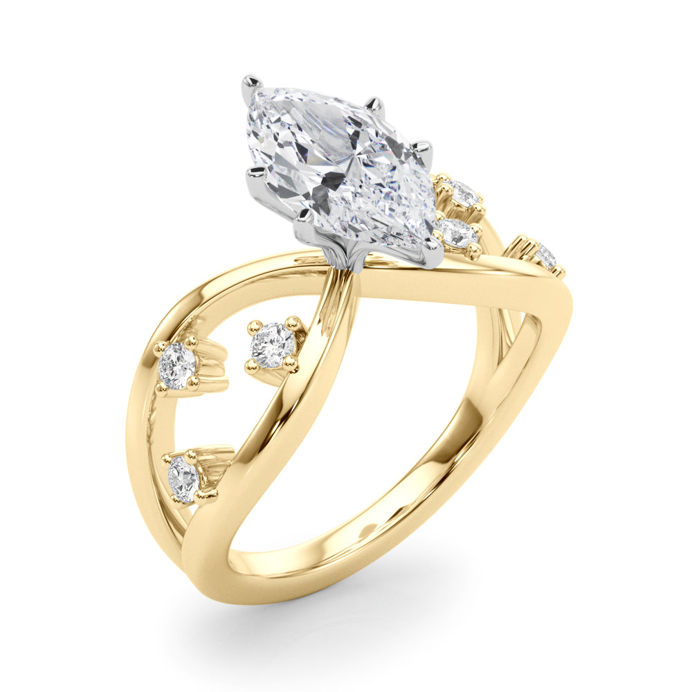 Yellow gold Marquise Cut Solitaire Diamond with Side Stones on Criss-Cross Band and Four-Prong Setting 1