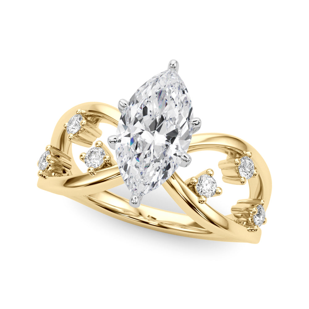 Yellow gold Marquise Cut Solitaire Diamond with Side Stones on Criss-Cross Band and Four-Prong Setting