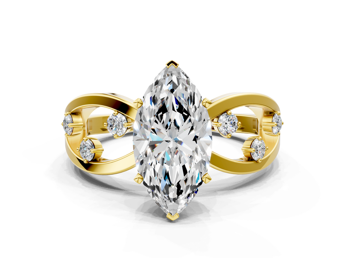 Yellow gold Marquise Cut Solitaire Diamond with Side Stones on Criss-Cross Band and Four-Prong Setting_25