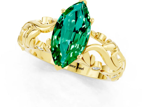 Yellow gold Marquise Cut Solitaire Emerald Leaf-Inspired Vine Band Ring with Prong Setting_1