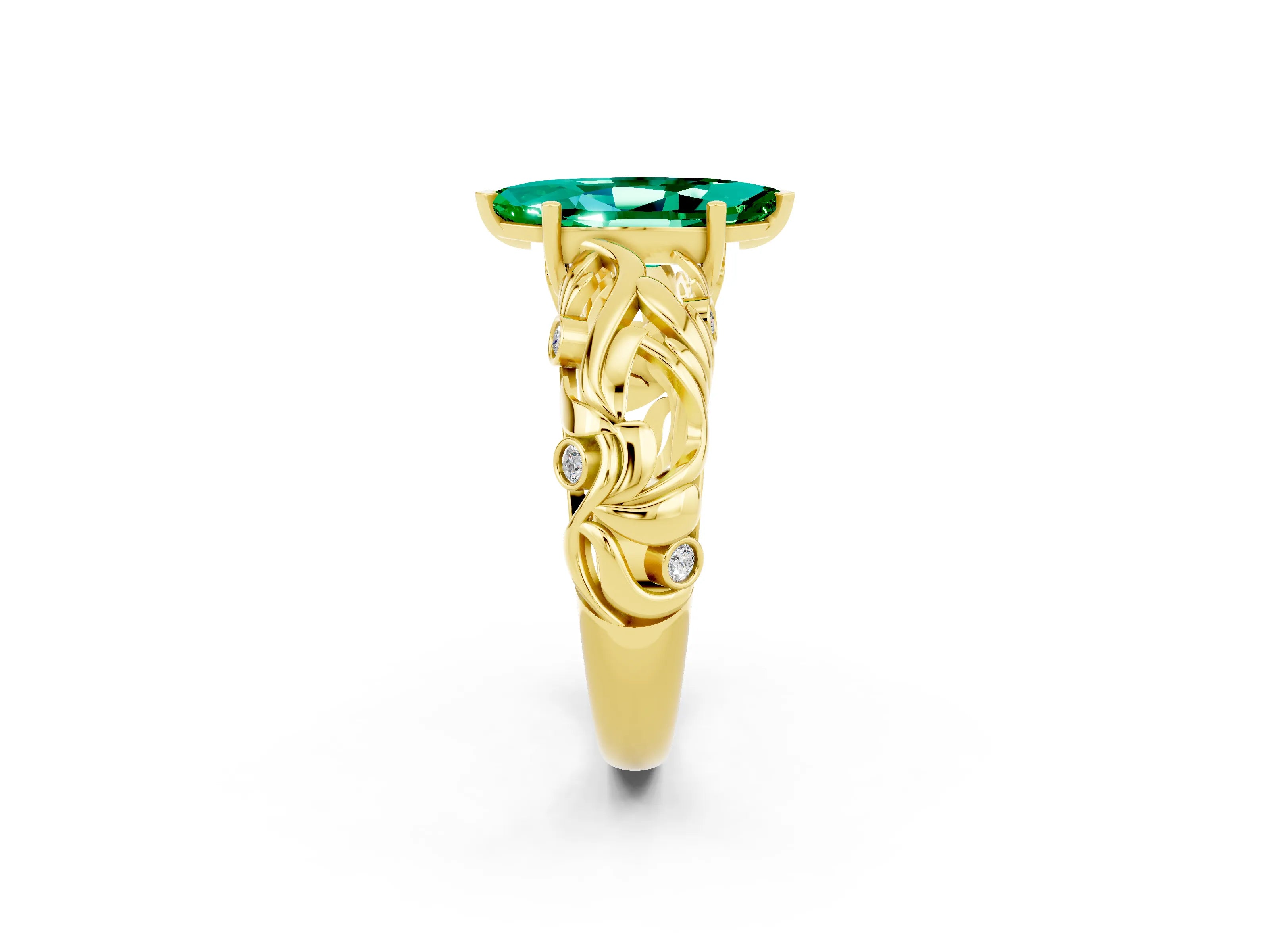 Yellow gold Marquise Cut Solitaire Emerald Leaf-Inspired Vine Band Ring with Prong Setting_2