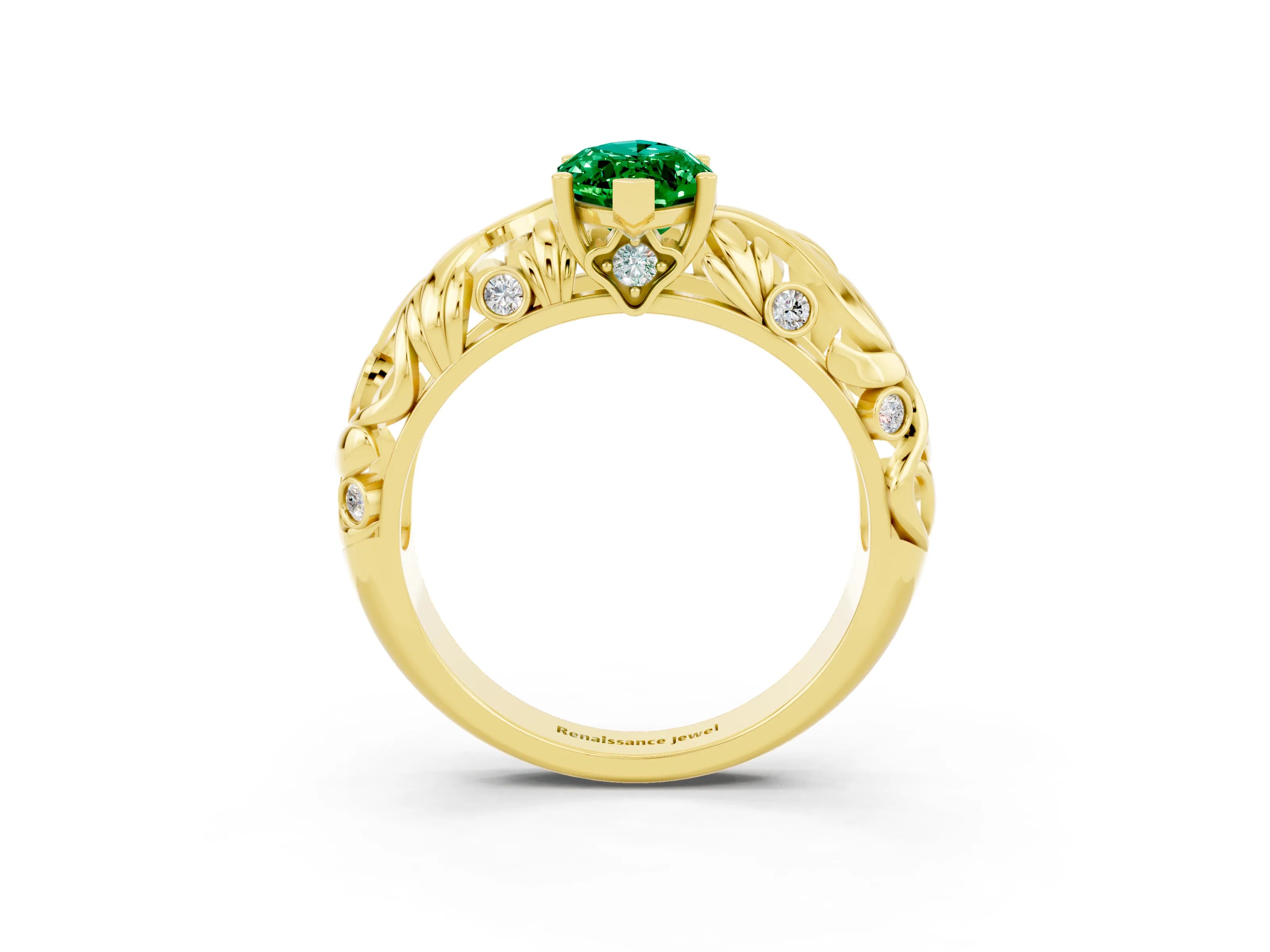 Yellow gold Marquise Cut Solitaire Emerald Leaf-Inspired Vine Band Ring with Prong Setting_3