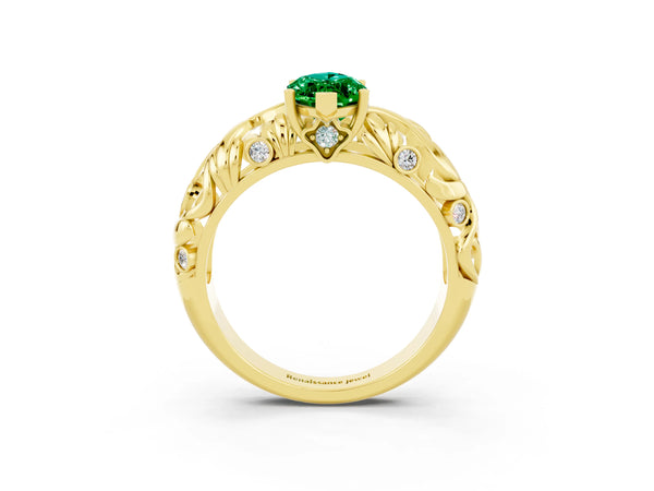 Yellow gold Marquise Cut Solitaire Emerald Leaf-Inspired Vine Band Ring with Prong Setting