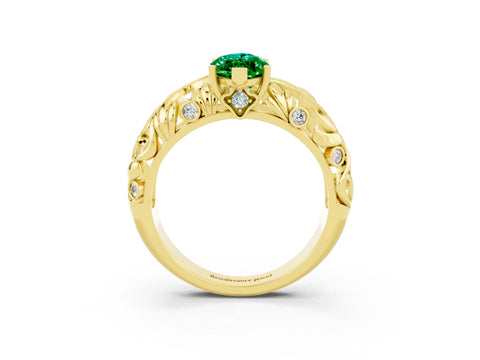 Yellow gold Marquise Cut Solitaire Emerald Leaf-Inspired Vine Band Ring with Prong Setting_3