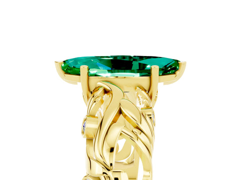 Yellow gold Marquise Cut Solitaire Emerald Leaf-Inspired Vine Band Ring with Prong Setting_5