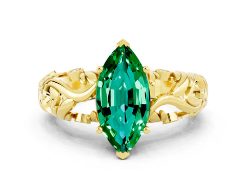 Yellow gold Marquise Cut Solitaire Emerald Leaf-Inspired Vine Band Ring with Prong Setting