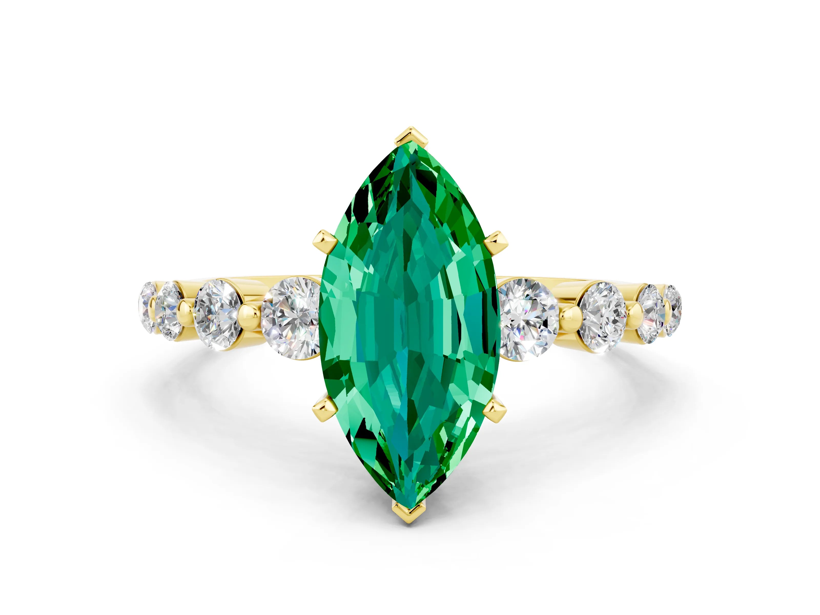 Yellow gold Marquise Cut Solitaire Emerald Ring with Pave Band and Four-Prong Setting