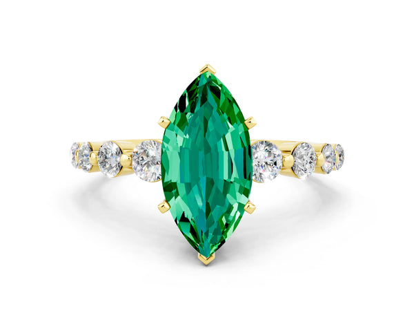 Yellow gold Marquise Cut Solitaire Emerald Ring with Pave Band and Four-Prong Setting