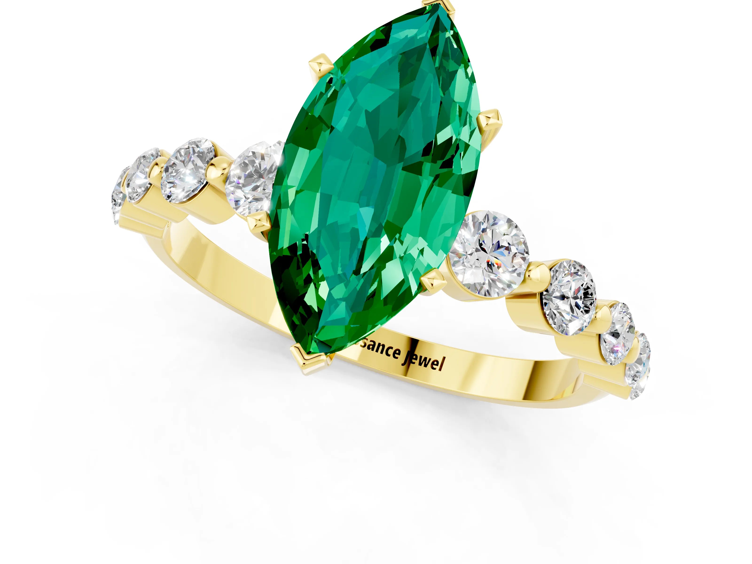Yellow gold Marquise Cut Solitaire Emerald Ring with Pave Band and Four-Prong Setting_1