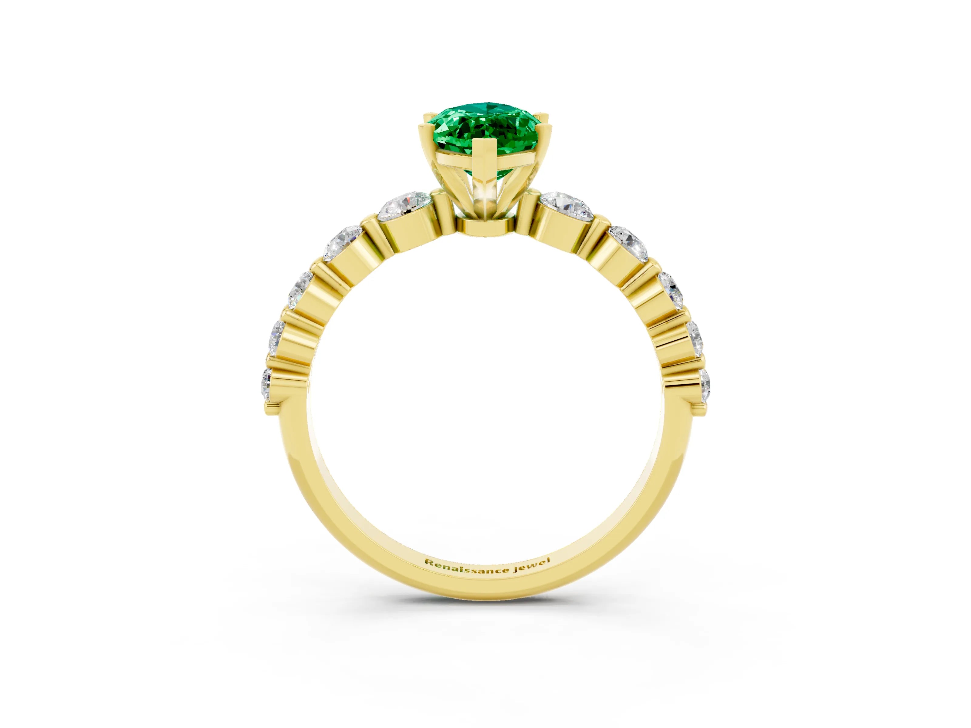 Yellow gold Marquise Cut Solitaire Emerald Ring with Pave Band and Four-Prong Setting_3