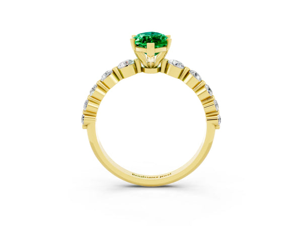 Yellow gold Marquise Cut Solitaire Emerald Ring with Pave Band and Four-Prong Setting