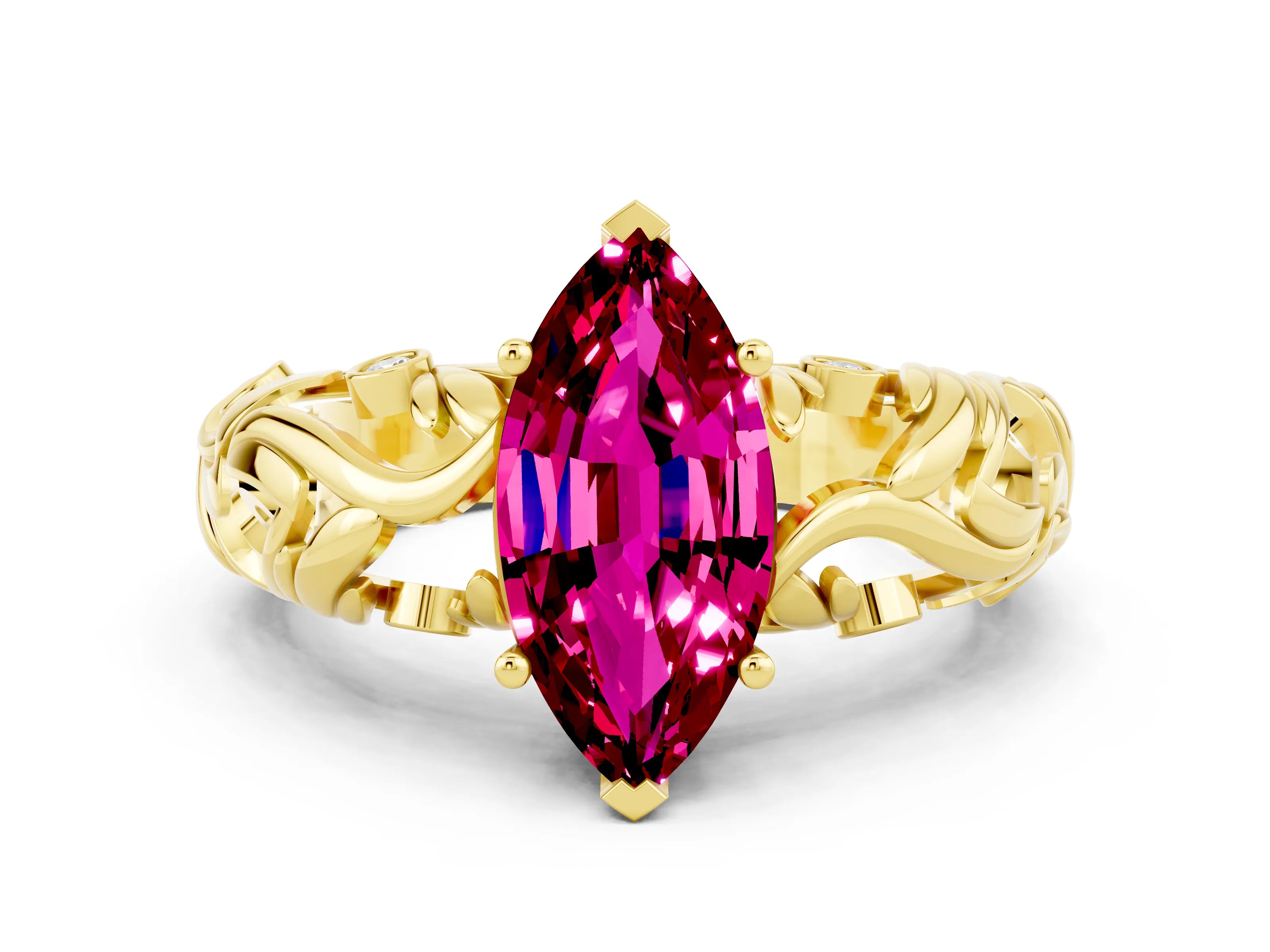 Yellow gold Marquise Cut Solitaire Garnet Leaf-Inspired Vine Band Ring with Prong Setting