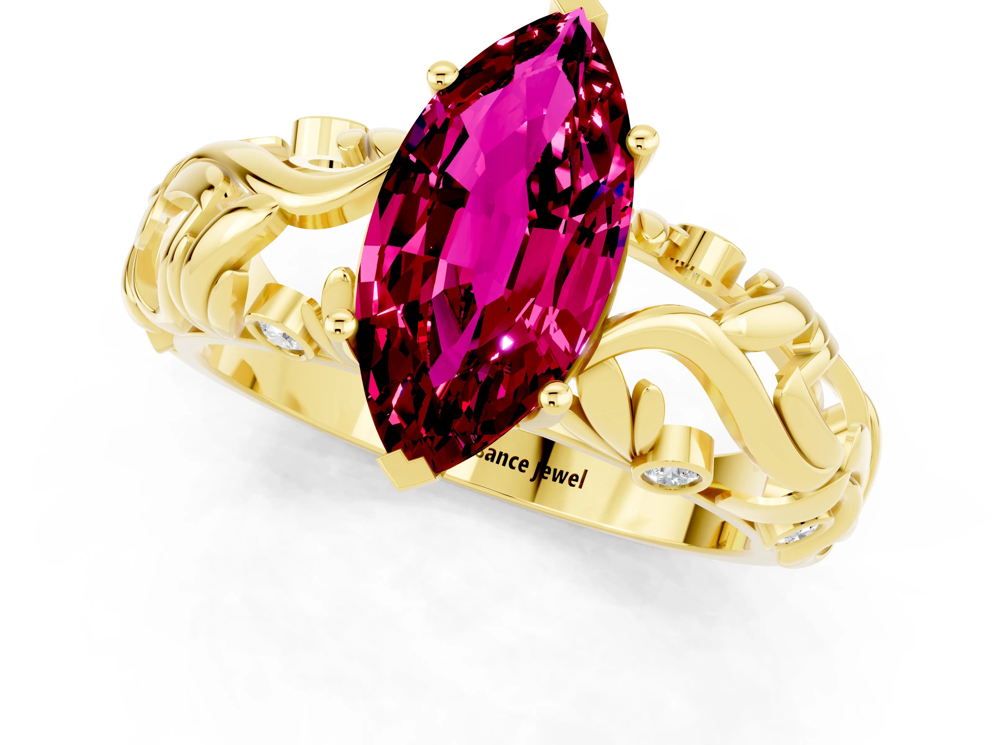 Yellow gold Marquise Cut Solitaire Garnet Leaf-Inspired Vine Band Ring with Prong Setting_1