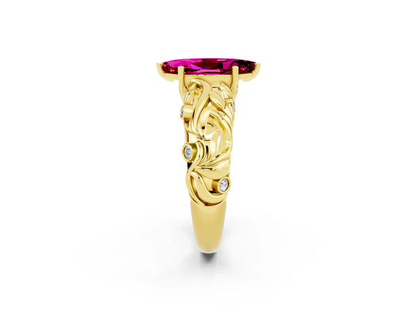 Yellow gold Marquise Cut Solitaire Garnet Leaf-Inspired Vine Band Ring with Prong Setting