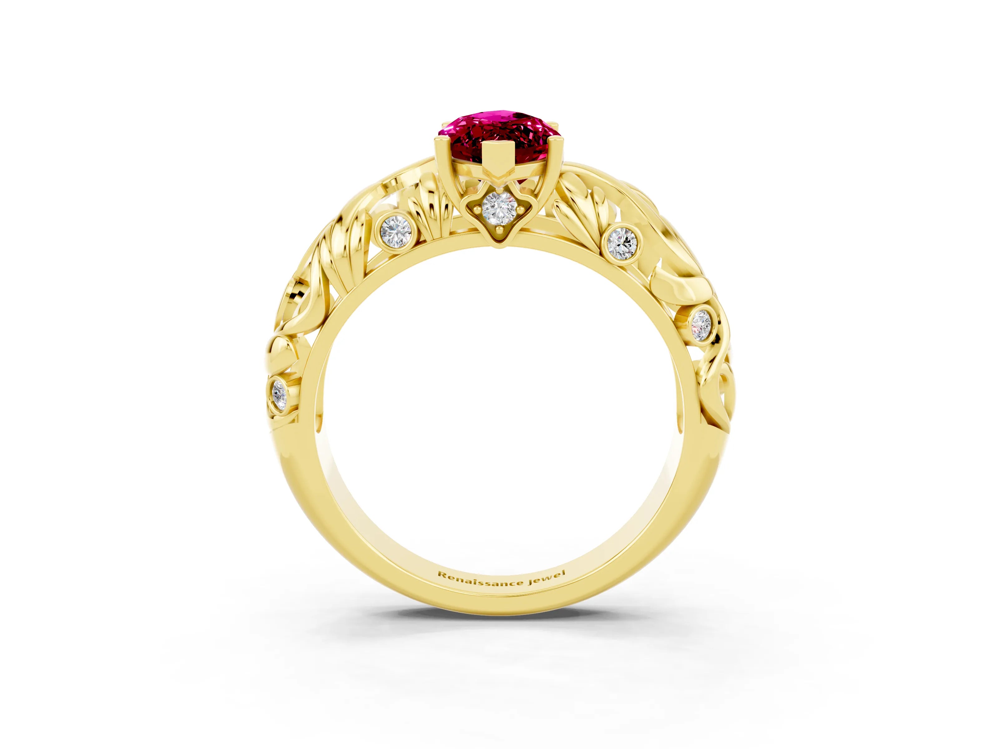 Yellow gold Marquise Cut Solitaire Garnet Leaf-Inspired Vine Band Ring with Prong Setting_3